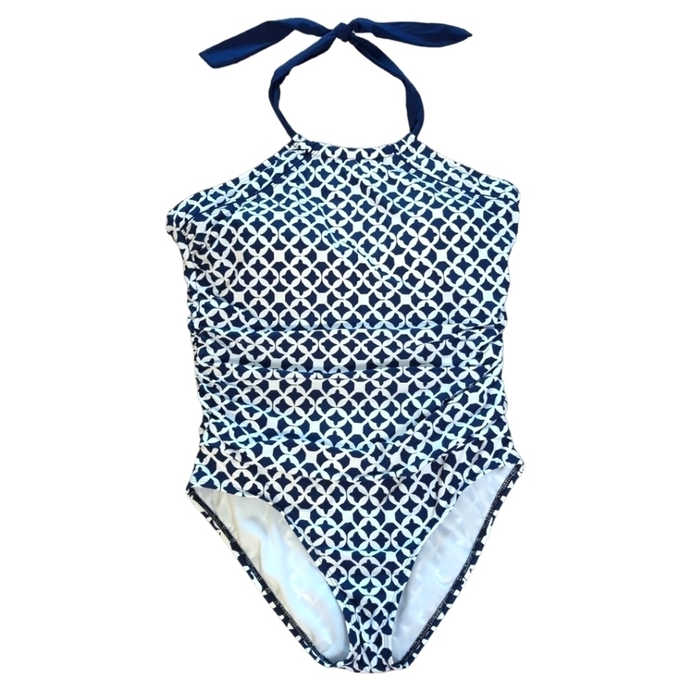 Athena Women's Coastal Geo Print One Piece Swimsuit Blue White NWOT Size 10